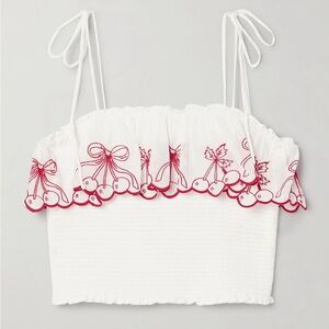 LoveShackFancy NWT Sz S Carletta Cropped Embroidered Smocked Top In Candy Red